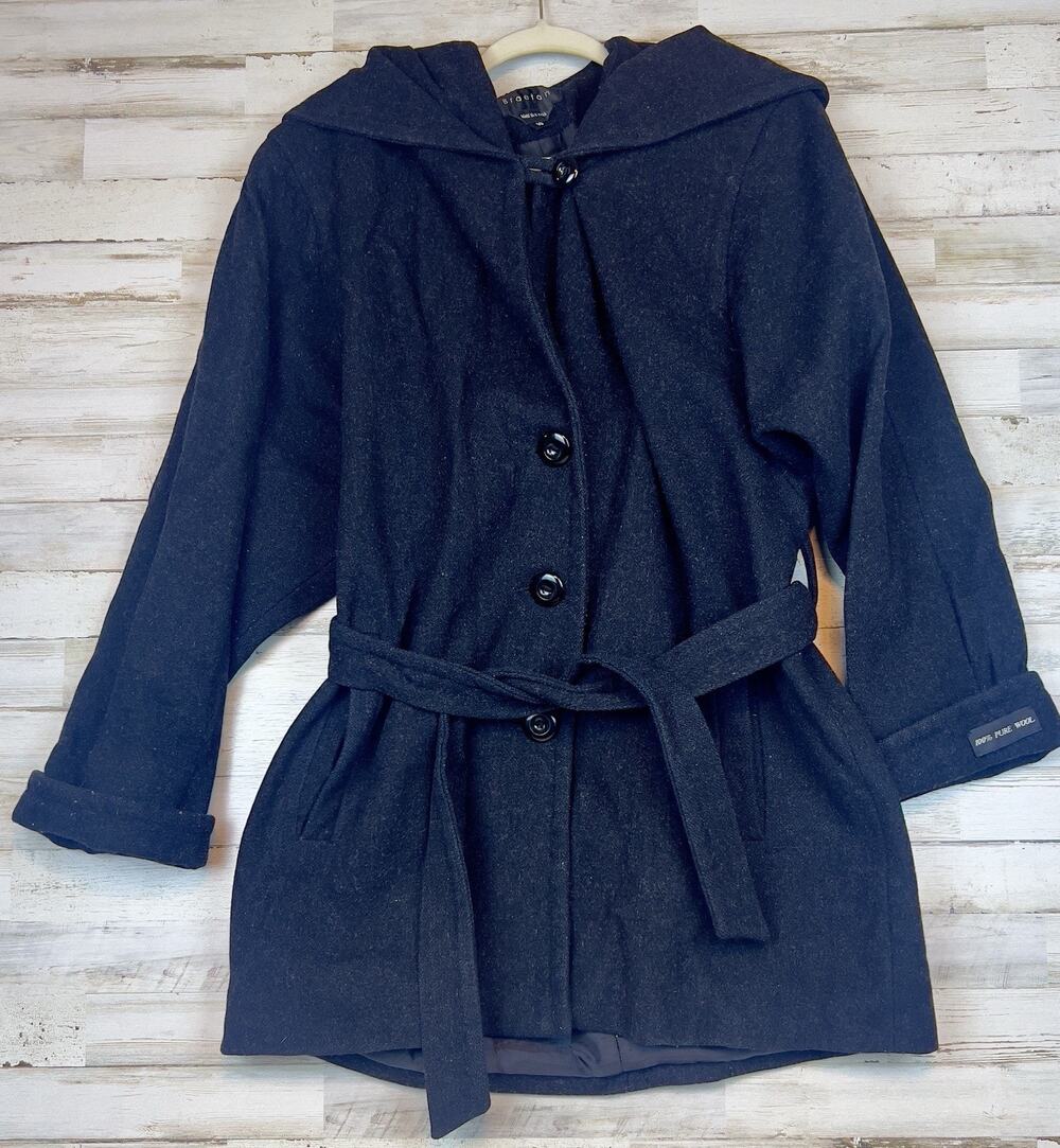 Braetan Women’s Size 10 Black 100% Wool Hooded Belted Winter Coat Tie Waist